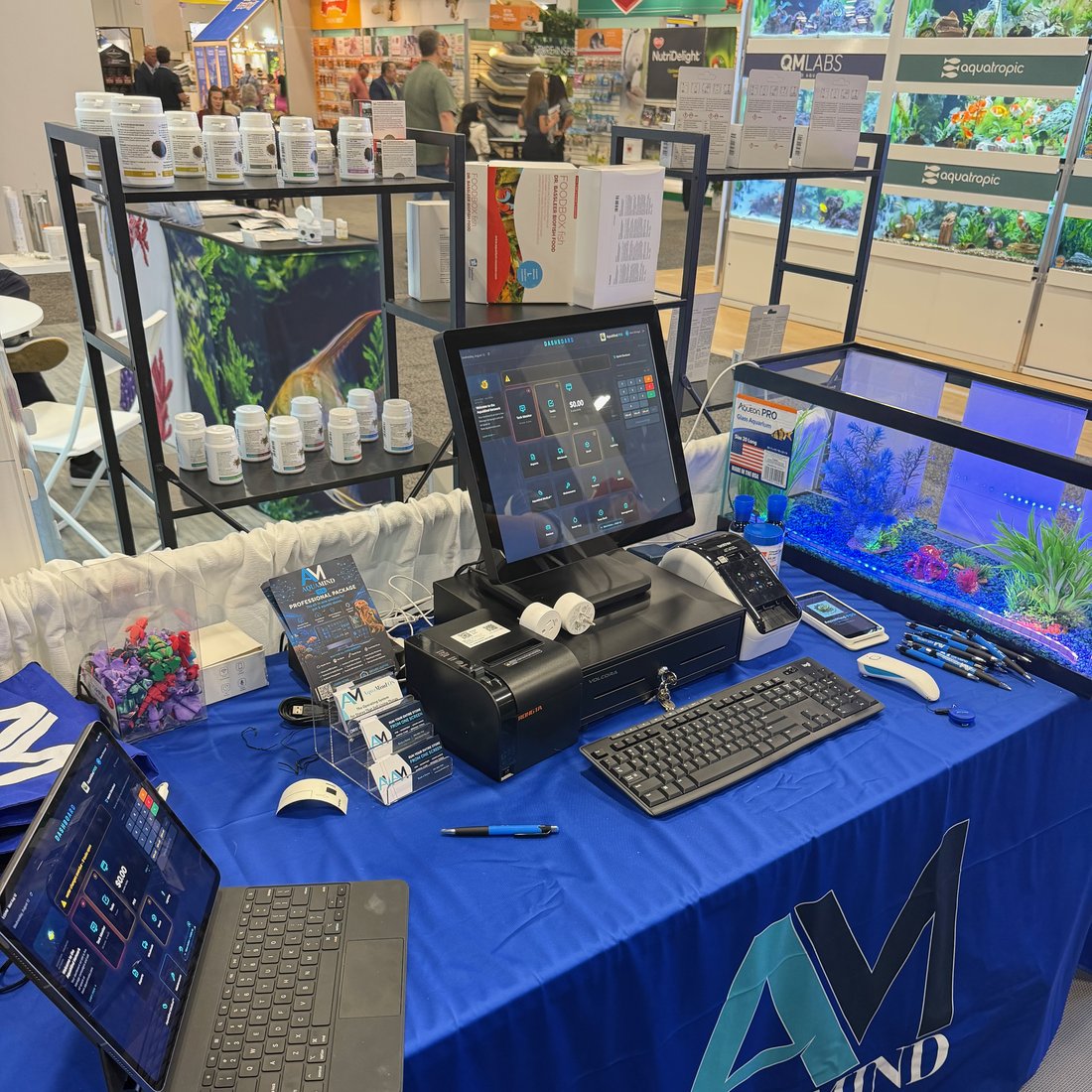 AquaMind OS touchscreen, dashboard tablet, receipt printer and cash drawer
