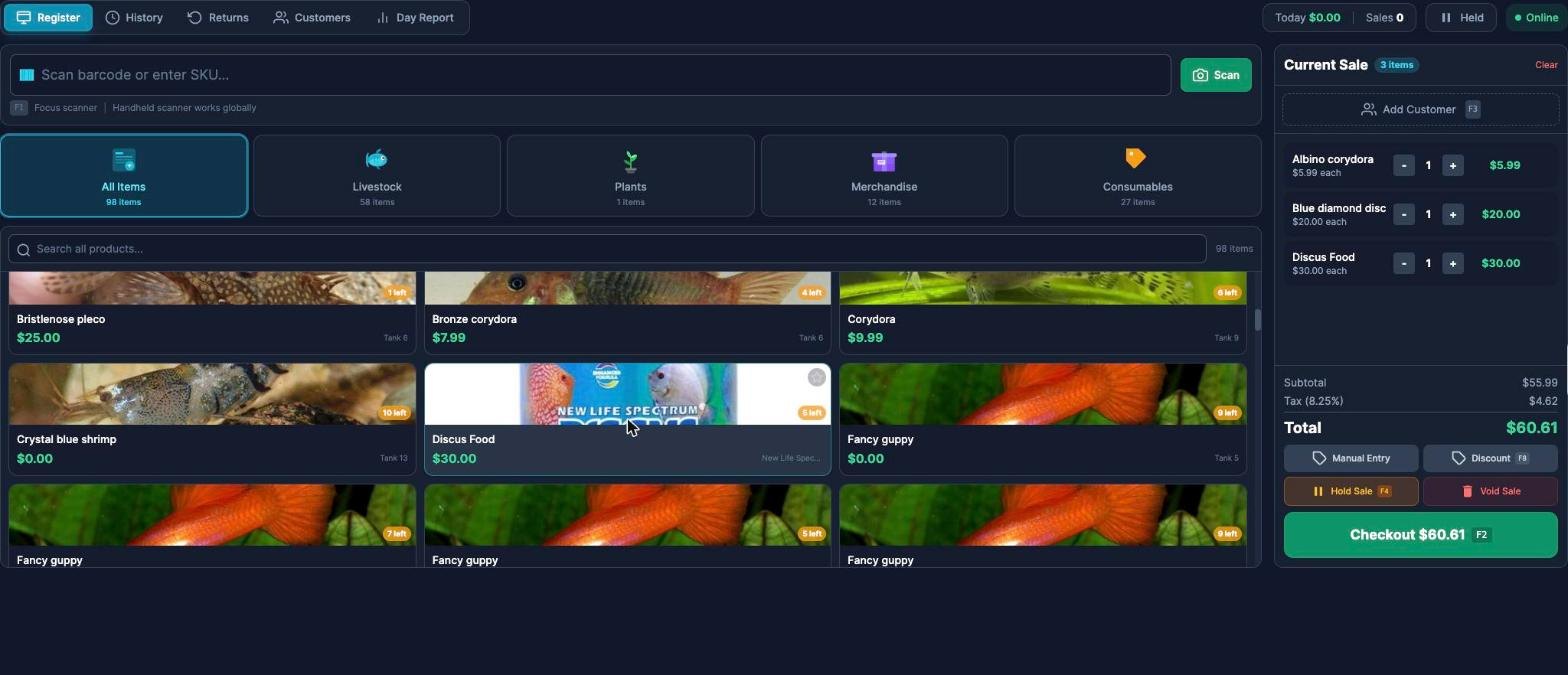 AquaMind OS register with the product grid and a live sale in the cart
